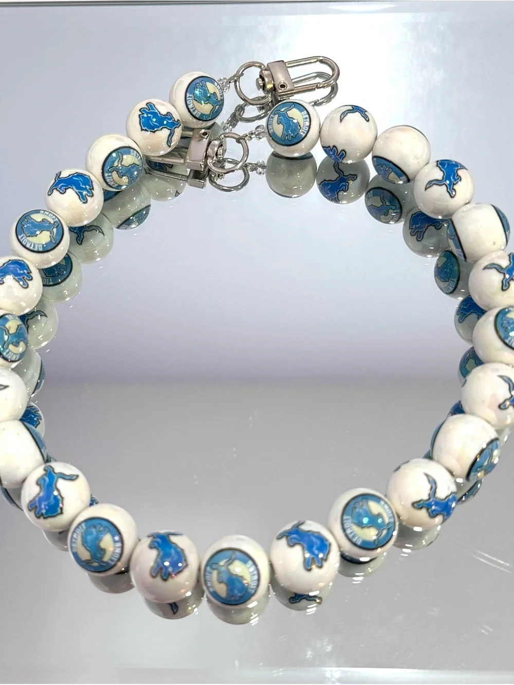 New White and Blue Beaded Lion Bag Chain 18 inches